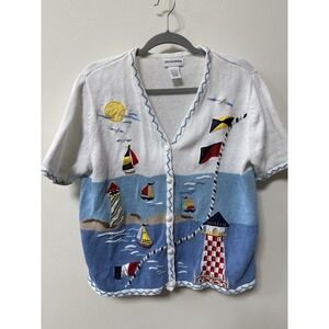 Vintage Breckenridge Short Sleeve Sweater Cardigan Beach Nautical Coastal Size M